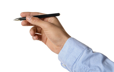 Man holding pen on white background, closeup of hand