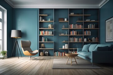 Living room interior with wooden floor and blue wall mockup. Illustration of a modest home library with copy space, including a red armchair made of textile, a floor light, a coffee table, and book sh
