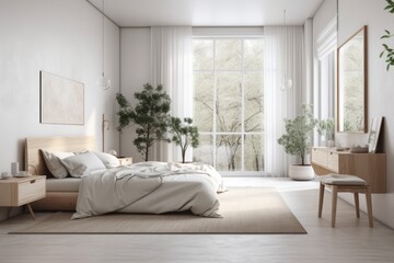 bedroom with a white wall, a large window, a little chair, a sideboard, and a minimalist design —. Generative AI