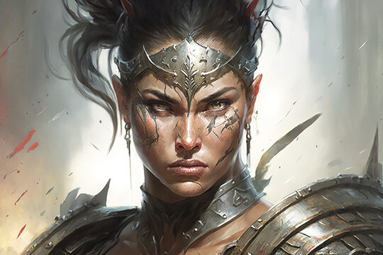 Female gladiator in light armor wields lethal daggers, standing strong against adversaries with steely resolve. - Generative AI
