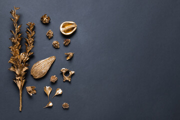 Flat lay composition with golden dried flowers on black background. Space for text