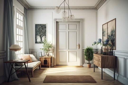 A vertical poster next to the door, books, flowers in a vase on a wooden console, a serving table with dark wooden seats next to a light sofa with pillows, and a bright modern classic room are all fea