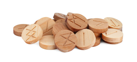 Pile of wooden runes isolated on white