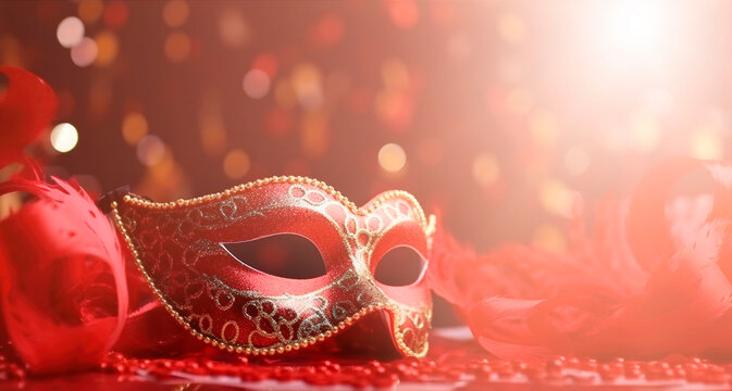 Venetian masks on red glitter  shiny streamers on abstract defocused bokeh lights