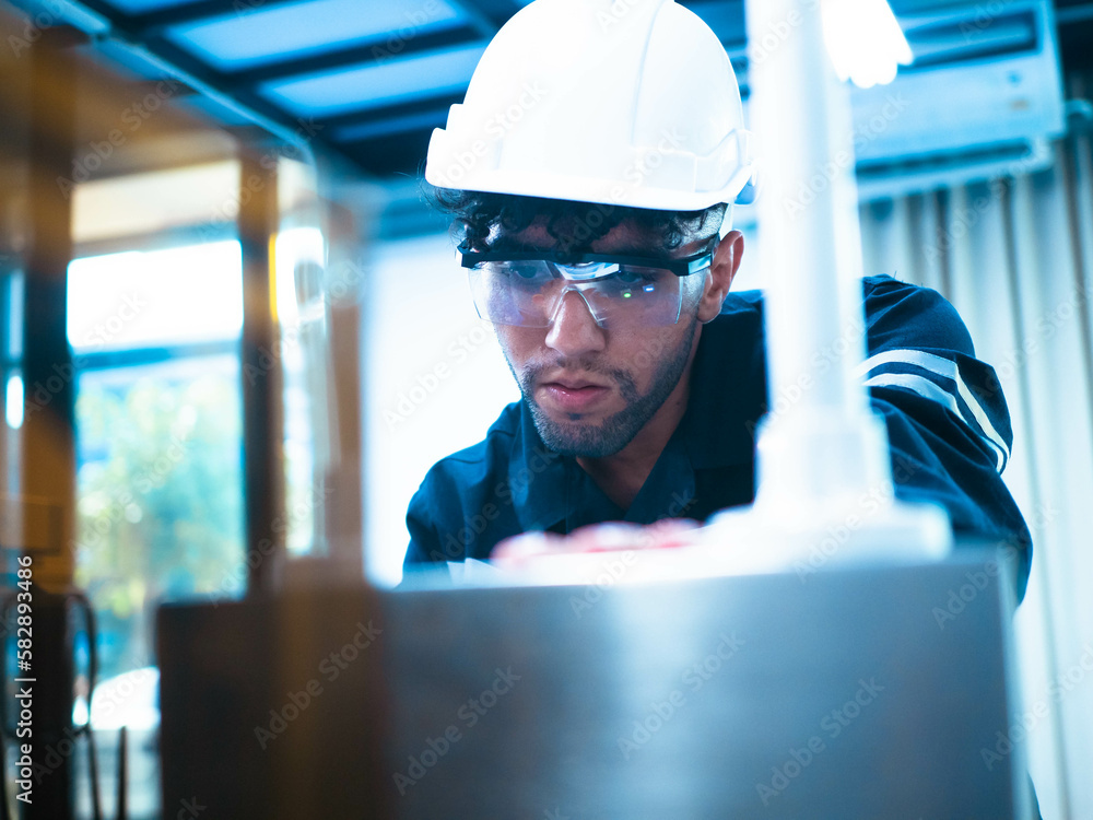 Poster male person people engineer uniform factory supervisor company business robot ai programmer working 