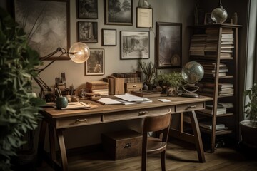 Interior of an inspirational home office with a wooden desk, books, a laptop, plant themed posters, a forest in a jar, a table lamp, and office supplies. Generative AI