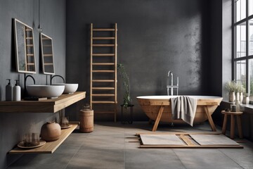 Interior of a dark bathroom with a bathtub, podium mounted towel rail ladder, and towel table on a surface of grey concrete. a washer in a luxurious hotel unit. room for mock copies. Generative AI