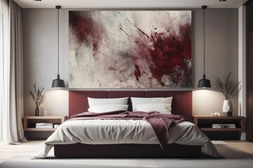 Wall art in an elegant bedroom with a king size bed is abstract and white and burgundy. Generative AI