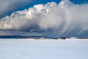Landscape with snow. Khoridol saridag. Khuvsgul, Mongolia.