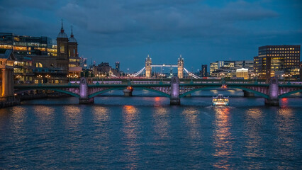 Fototapeta na wymiar London Tower Bridge at sunset on May 26, 2022.