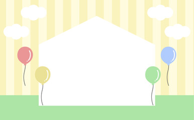 風船と家の背景　ストライプ　イエロー