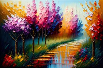 Colorful Leaves Tree Pathway Painting