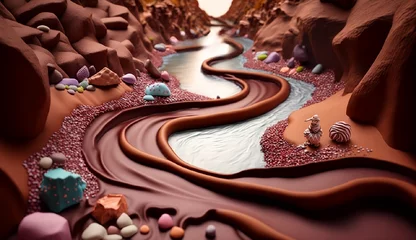 Foto op Plexiglas Bruin AI Generated Art of amazing and fantastic chocolate rivers and icecream houses