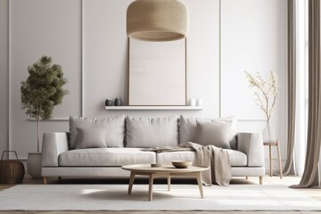 Living room mockup on the wall with a gray couch, pillows, light, and pampas vase. Generative AI