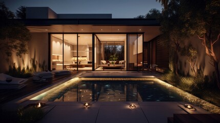 Modern Zen Garden with Sunken Hot Tub, Art Deco Style House, and Generative AI