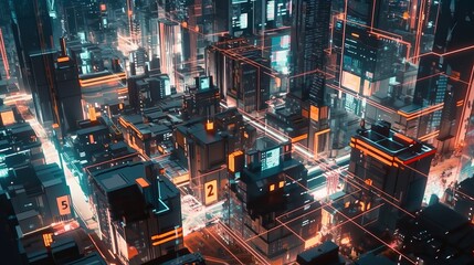 Fototapeta na wymiar Futuristic neon cityscape on illuminated night background. Generative AI technology.