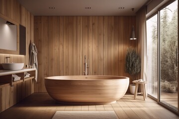 Fototapeta na wymiar Interior of a wooden bathroom with a white tub. Generative AI