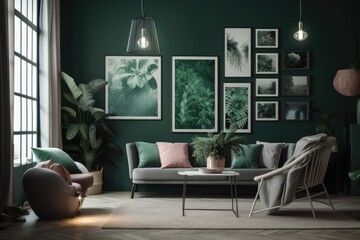 Poster presentation in a flat colored indoor space with five frames on the wall, a monochromatic dark green gallery wall, a single chair, and plants. Generative AI