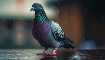 pigeon sitting in the rain, pink and green colored neck