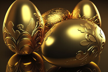Three beautiful easter eggs made of pure gold on the surface with reflections. Generative AI.