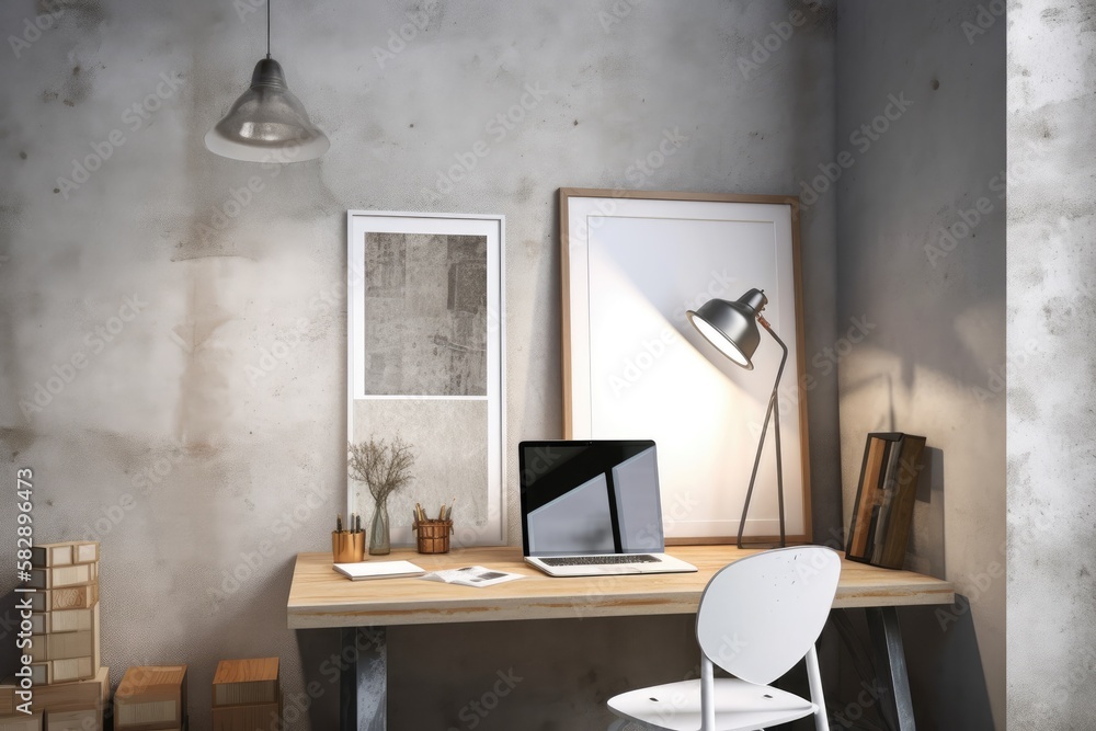 Poster a picture of a contemporary interior White poster frame and creative designer workstation mounted on cement loft wall. outdoor lighting loft background with cement wall. clipping path. Generative AI