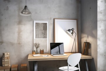 a picture of a contemporary interior White poster frame and creative designer workstation mounted on cement loft wall. outdoor lighting loft background with cement wall. clipping path. Generative AI