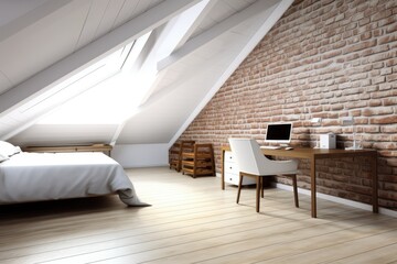 Brick attic bedroom with a desk for a computer, a wooden floor, and a white bed. Corner. a mockup. Generative AI