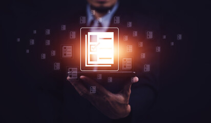 Documents management information system concept, Businessman using visual screen internet for Documents management information system and ERP program data directory in company, ERP document management © Suriyo