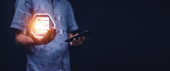 Documents management information system concept, Businessman using visual screen internet for Documents management information system and ERP program data directory in company, ERP document management © Suriyo