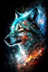 Powerful Epic Legendary Wolf with glowing face in Universe on black background. Spiritual Animal Awakening Concept.Magical Fantasy Epic Wallpaper. Generative AI.