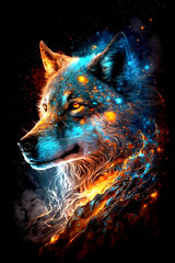 Powerful Epic Legendary Wolf with glowing face in Universe on black background. Spiritual Animal Awakening Concept.Magical Fantasy Epic Wallpaper. Generative AI.
