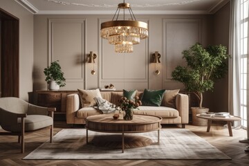 Fototapeta na wymiar Classic beige interior. A Scandinavian wooden coffee table, two brown sofas with dark brown stripes, and beige floor tiles complete the interior. chandelier made of exquisite forged metal. Generative