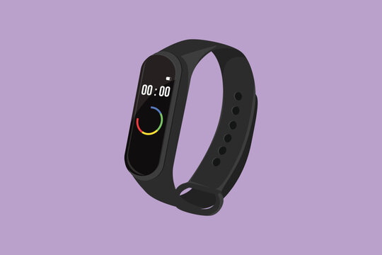 Cartoon flat style drawing smart band for fitness, run tracker. Digital smart fitness watch bracelet with touchscreen. Wristband with running activity steps counter. Graphic design vector illustration