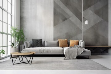 In an industrial living area, a gray sofa. concrete wall in gray. Rug with geometric weave. daylight filled window Banner. Panorama. Generative AI
