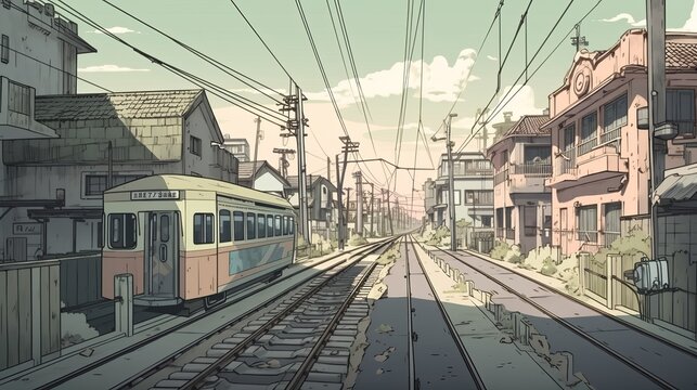 Abandoned empty town background. Anime cartoon style drawing. Generative AI technology.	