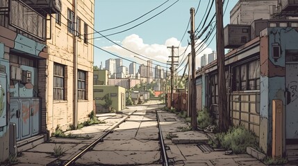 Fototapeta na wymiar Abandoned empty city background. Anime cartoon style drawing. Generative AI technology.