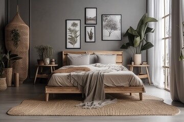 Mockup of a frame, a contemporary bedroom in wood with rattan furniture in gray tones, a double bed with a comforter and pillows, a carpet, a lamp, and other decorations. Herringbone flooring, an inte