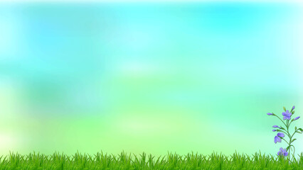 Fototapeta na wymiar green grass against blue sky and clouds with beautiful bokeh, wallpaper for background and design