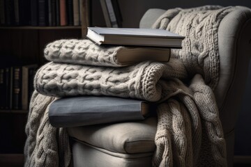 Stack of books on armchair, soft knitted bed cover, and wallpaper depicting education and relaxation. Generative AI