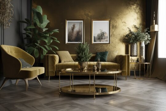 A unique living room in a modern setting with a design sofa, a coffee table plated in fine gold, faux poster frames, flowers in vases, decorations, and personalized home accents. Template. Generative