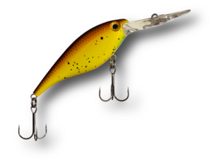 Shadow behind a Yellow and brown artificial fishing lure with two treble hooks