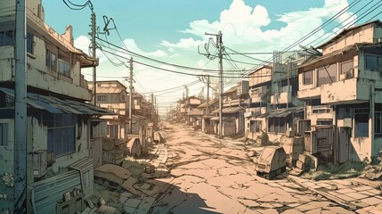 DTown ruin after war. Anime cartoon style drawing. Generative AI technology.	