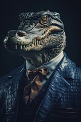 Crocodile in a stylish business suit. Portrait of a business animal in a tuxedo. generative ai