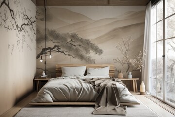Wabi sabi wallpaper and wall art in a bedroom in white and beige tones. rugs, wooden furnishings, and a double bed. Interior design by Japandi,. Generative AI