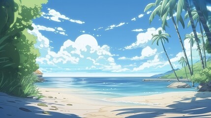 	
Tropical sunny beach nature background. Anime cartoon style drawing. Hot summer island. Generative AI technology.	

