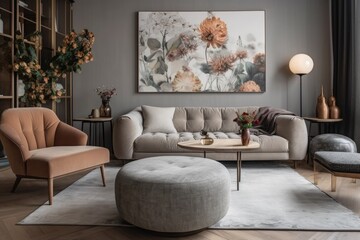 Chic beige armchair and pouf on a plush carpet in a stylish living room with a grey sofa and antique furnishings. Generative AI