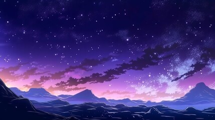 Fototapeta premium Mountain panoramic night sky star background. Anime cartoon style drawing. Generative AI technology.
