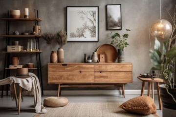 Elegant personal accessories in modern home design are displayed in the stylish Scandinavian interior of the living room, which also features a grunge wall, mock up poster frame, wooden console, plant
