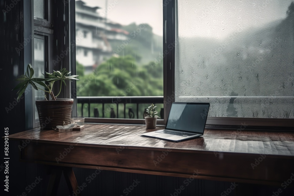 Canvas Prints in phang nga, thailand, during the rainy season, a work table and a gloomy window. generative ai