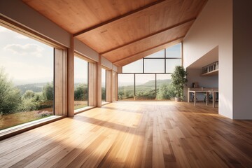 Fototapeta premium Interior of a wooden office with a parquet floor, vacant open hall with many panoramic windows, and a view of the countryside. Blank space for copying. Generative AI